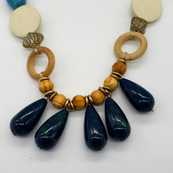 Women's Navy and Beaded Wood Long Statement Necklace - Picture 3 of 6